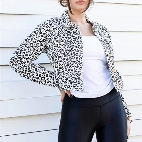 White & Black Cotton Leopard Print Cropped Denim Jacket - Picture 1 of 4
